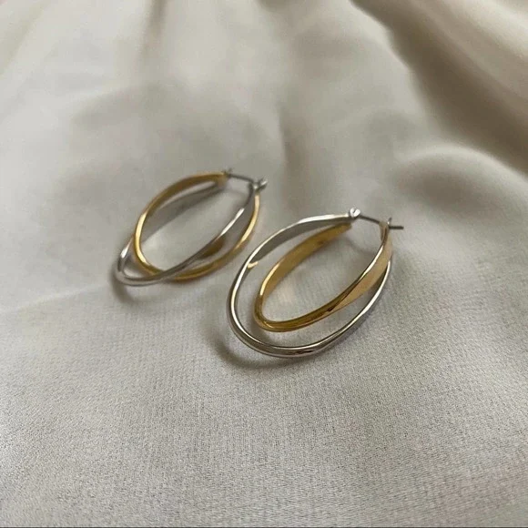 VTG Silver Gold Twist Oval Double Hoop Earrings - Picture 3 of 5